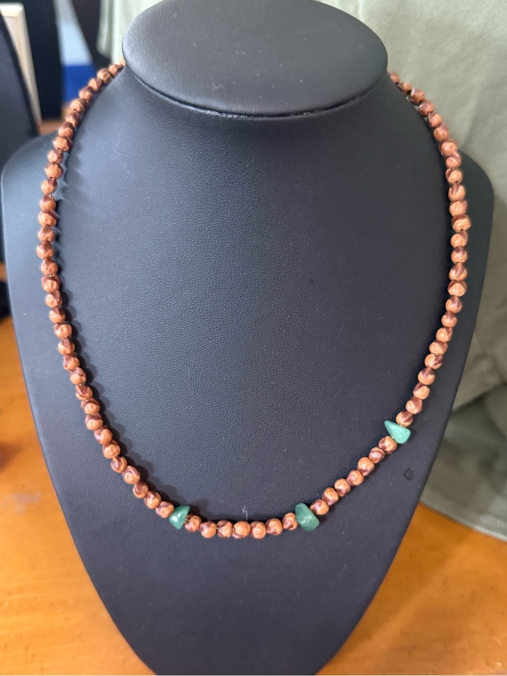 Brown wooden Bead Necklace with Green Accent Stones barrel clasp